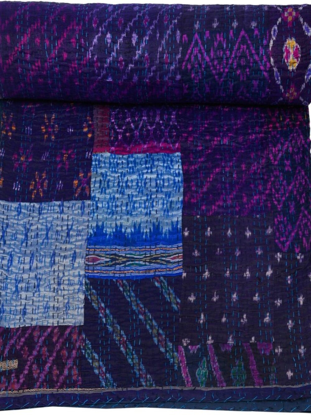 Indian Handmade Quilt Indian Silk Sari Kantha Quilted Patchwork Blue, Twin 60"x